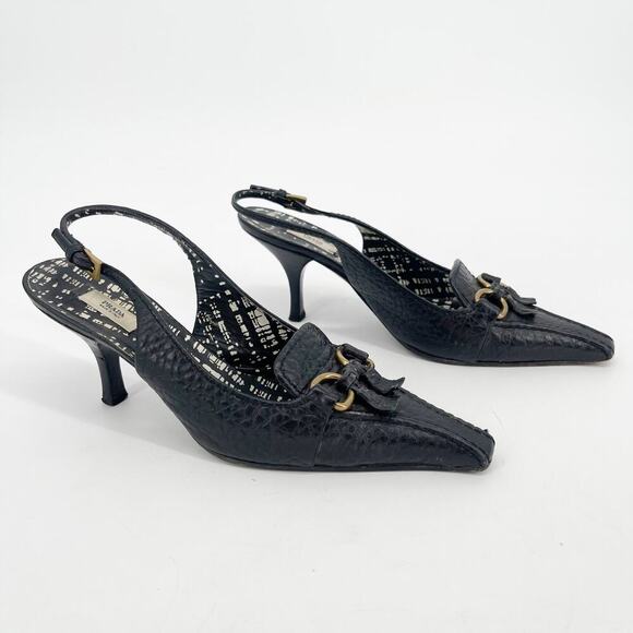 Retro Prada Black Pebbled Leather Fringe Detail Square Toe Slingback Heel IT 37 - Picture 1 of 12